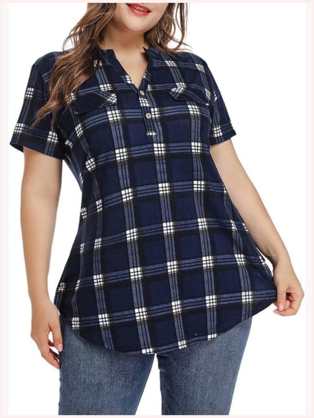 Plus Size V Neck Plaid Tunic Top Short Sleeve Work Blouse